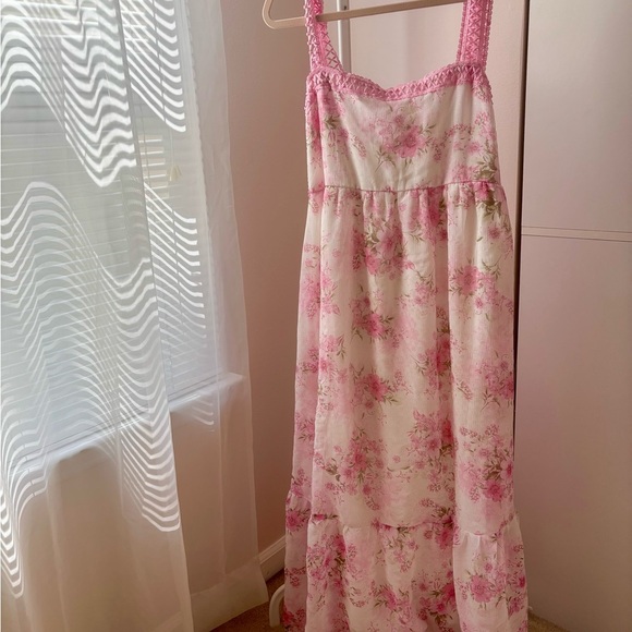 By the River Pink Floral Dress Size L - Crochet Straps & Tiered Skirt - Picture 1 of 6
